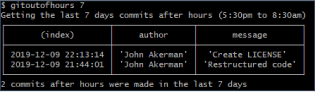 A NodeJS terminal, showing two commits within the last 7 days.