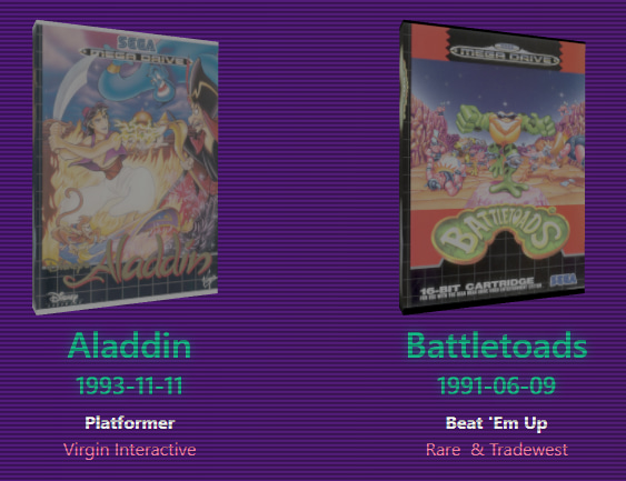 3D spinning megadrive cases with text details of the games below.