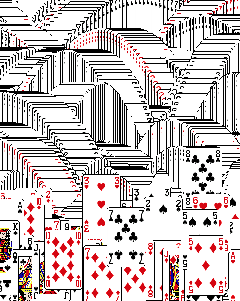 A game of solitaire depicting the endgame animation, with multiple cards stacking up on each other.